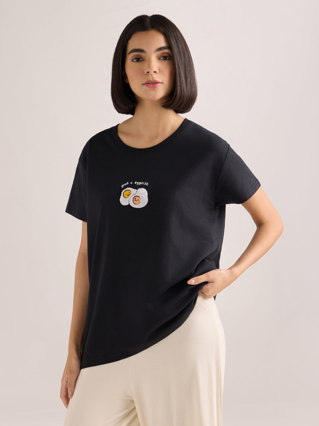 Womens Embroidery Boxy Regular Fit French Terry Cotton Tshirt