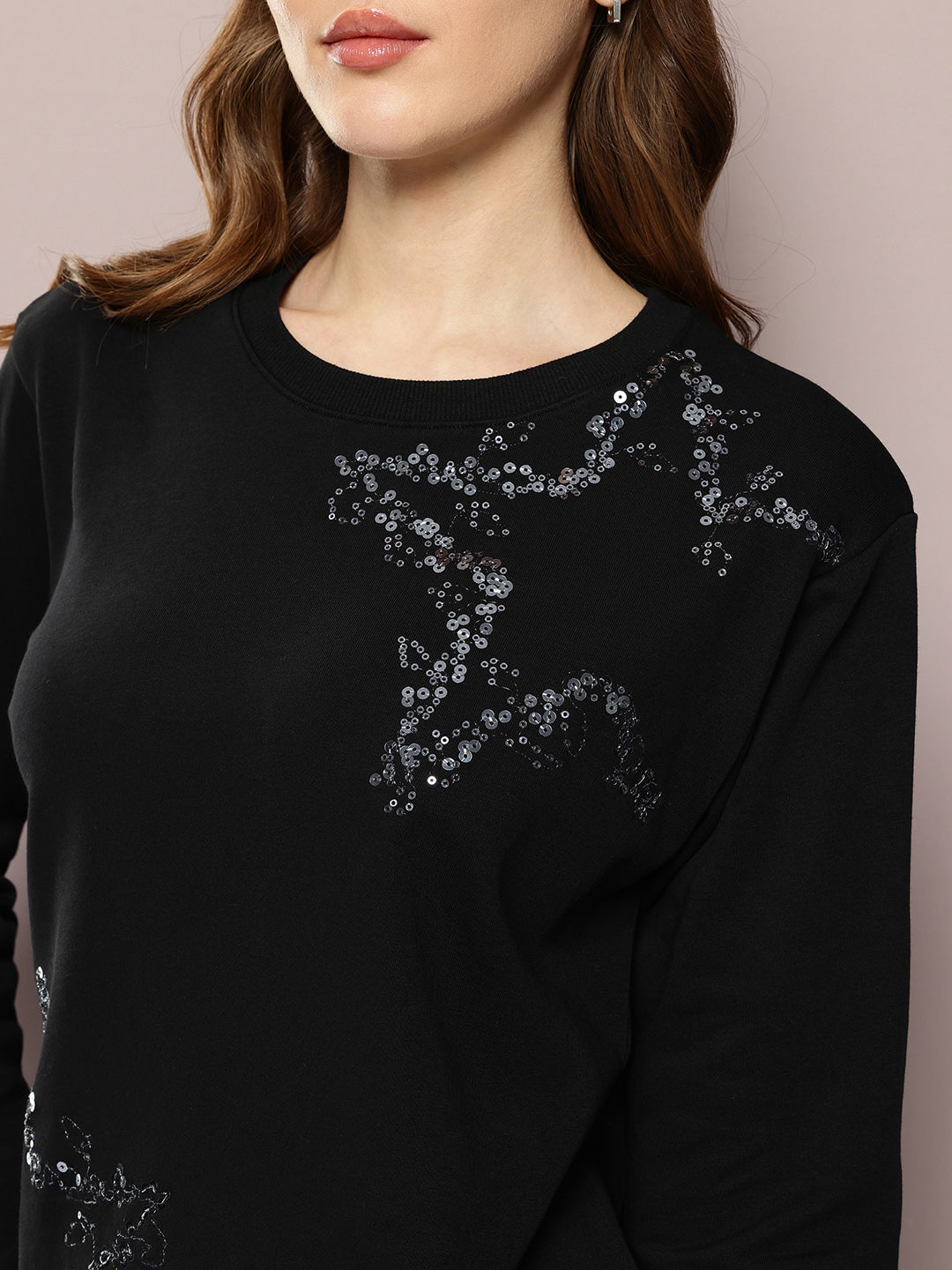 Womens Full Sleeve Round Neck Embroidered Relaxed Fit Tshirts