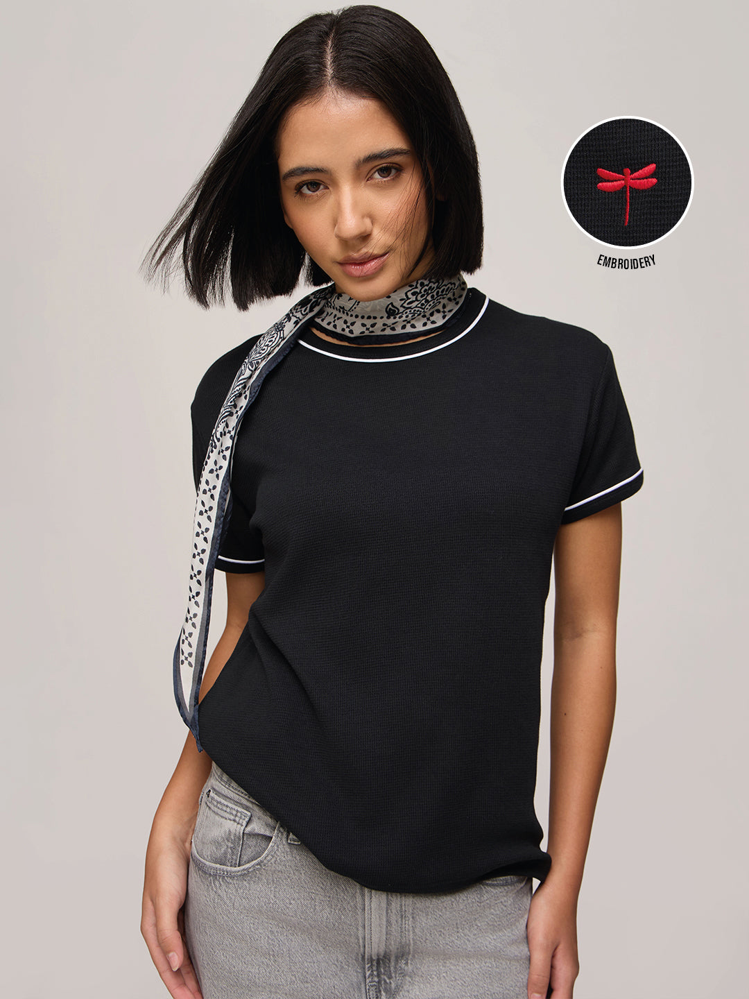 Womens Embroidery Regular Fit Cotton T-Shirt