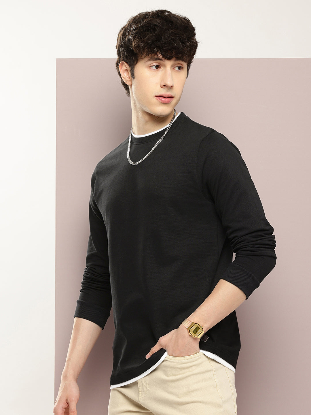 Mens Full Sleeve Round Neck Solid Regular Fit Tshirts