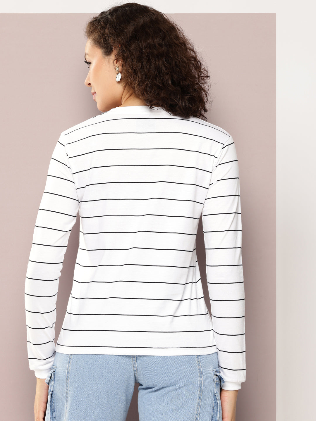 Womens Full Sleeve Round Neck All-Over Striped Regular Fit Tshirts