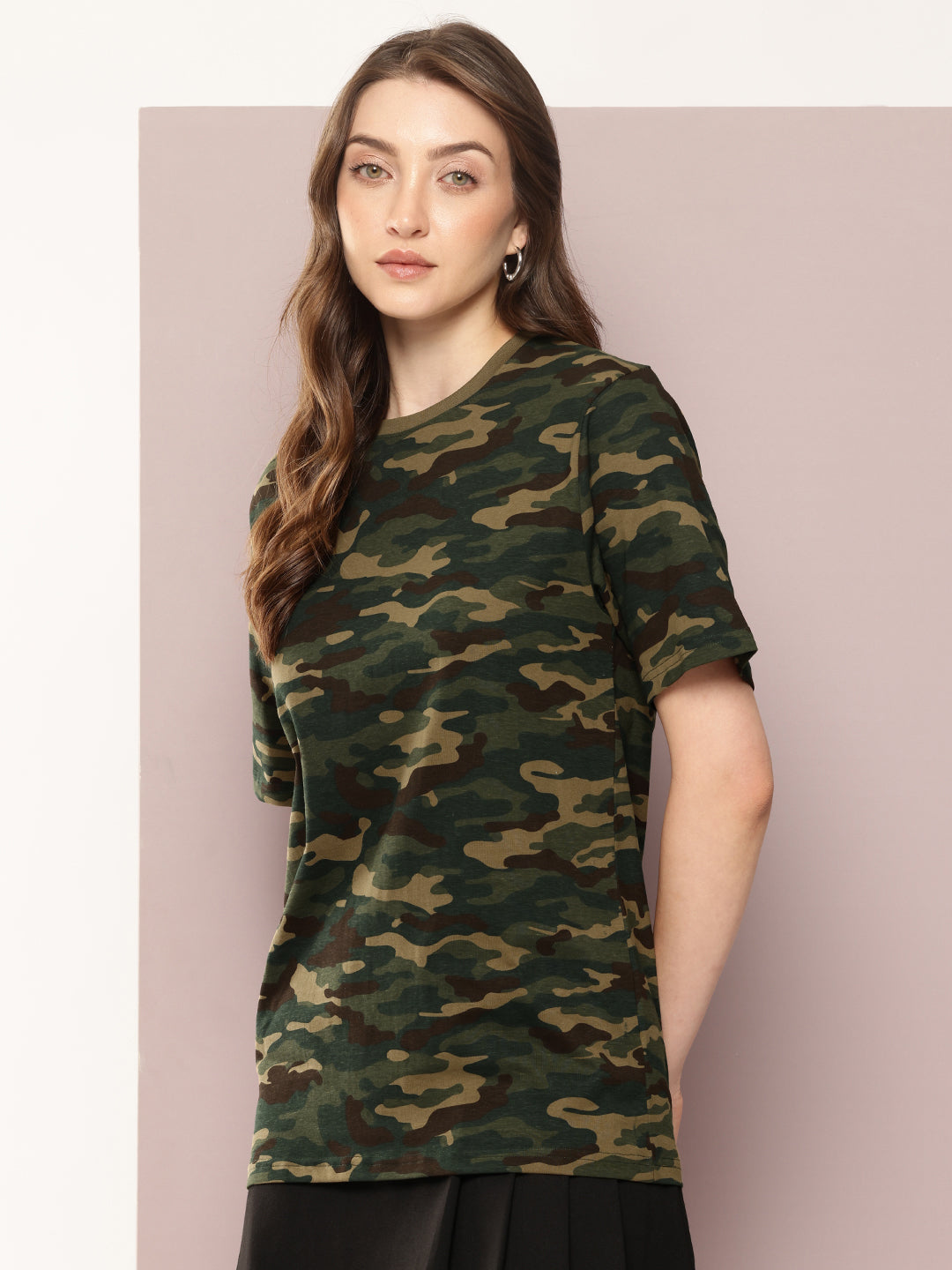 Womens Half Sleeve Round Neck All-Over Printed Oversized Fit Tshirts