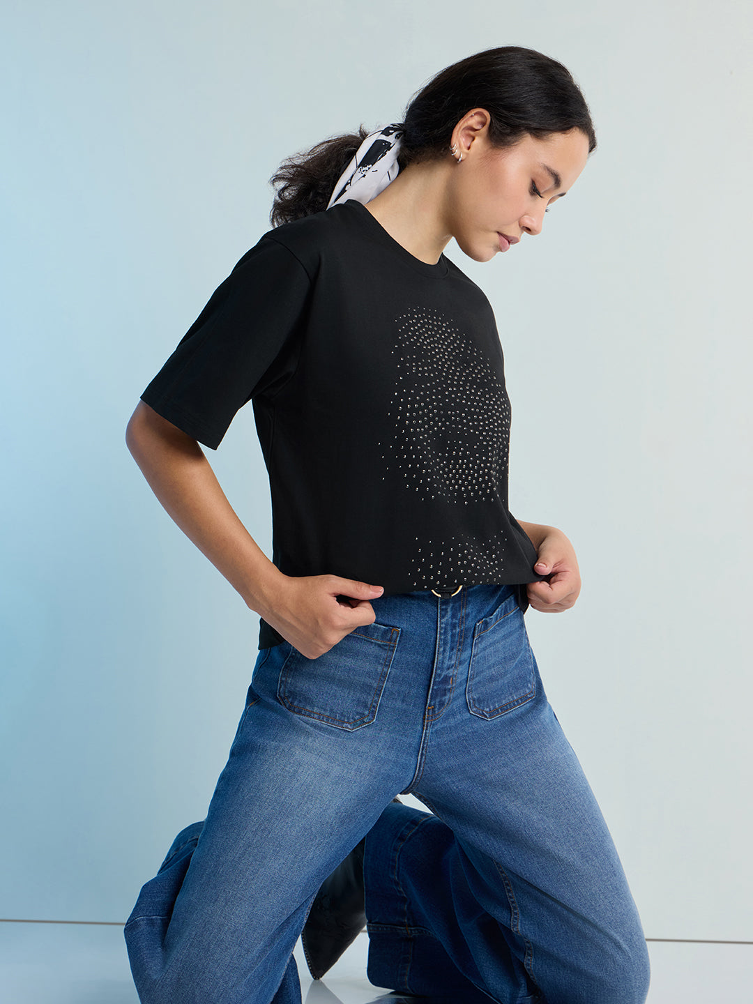 Womens Stud Detailed Oversized Round Neck Tshirt 