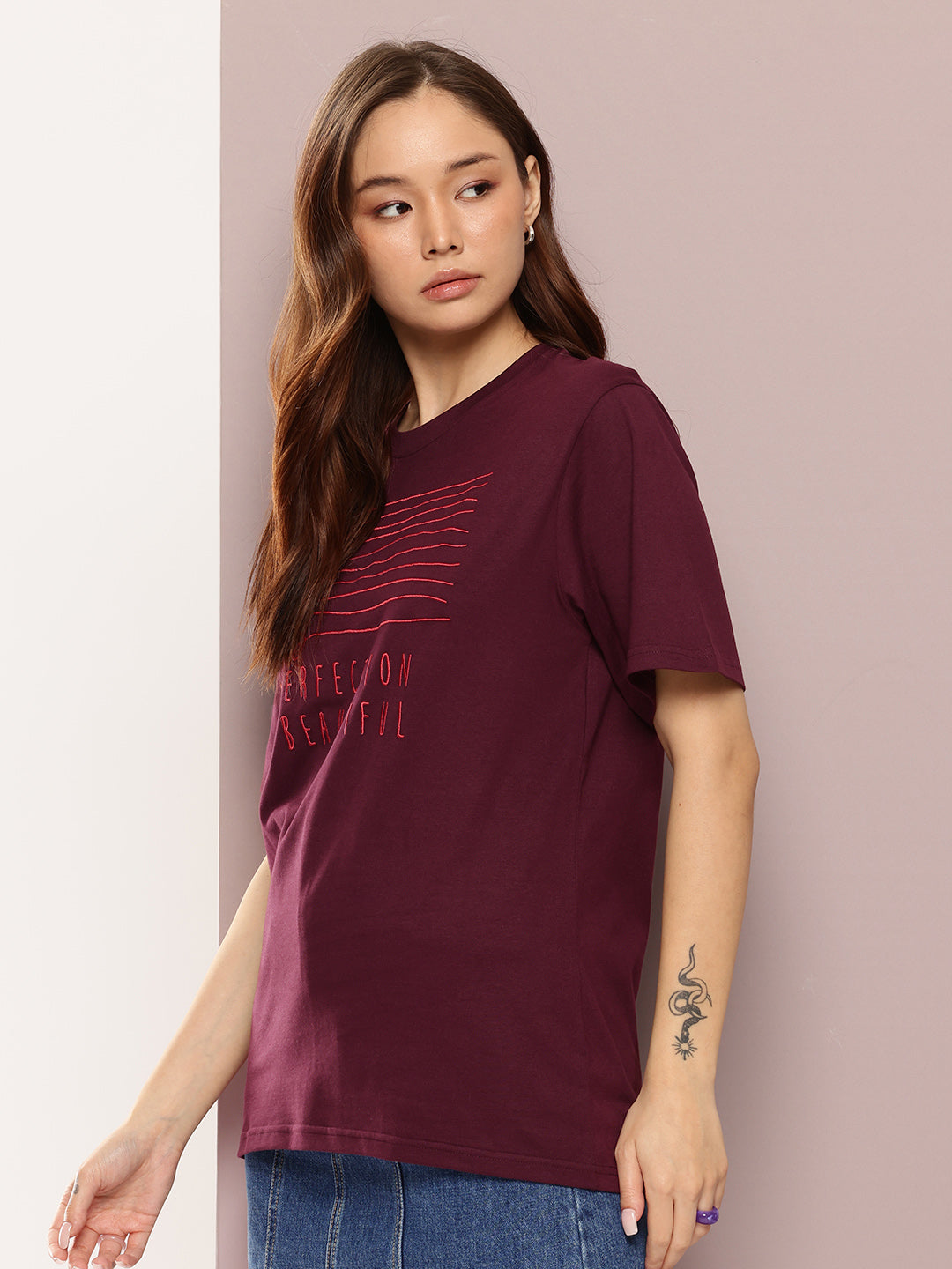 Womens Half Sleeve Round Neck Embroidered Oversized Fit Tshirts