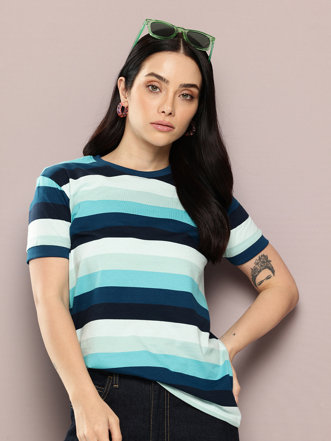 Womens Half Sleeve Round Neck All-Over Striped Regular Fit Tshirts