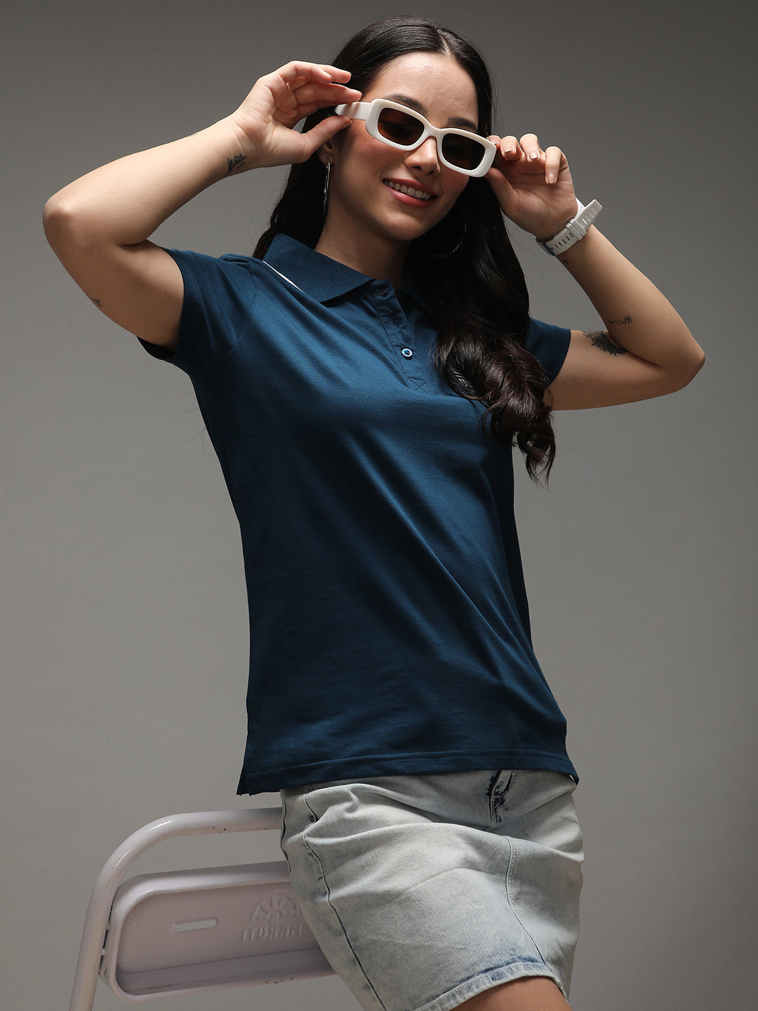 Womens Half Sleeve Polo Neck Solid Regular Fit Tshirts