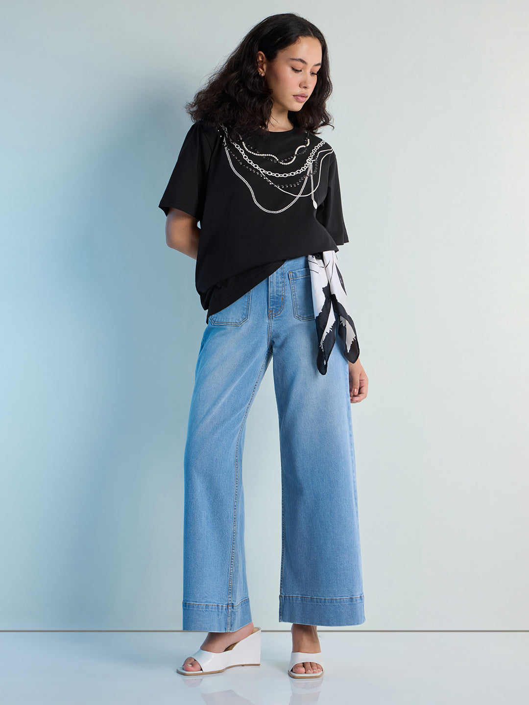 Womens Stud Detailed Oversized Round Neck Tshirt 
