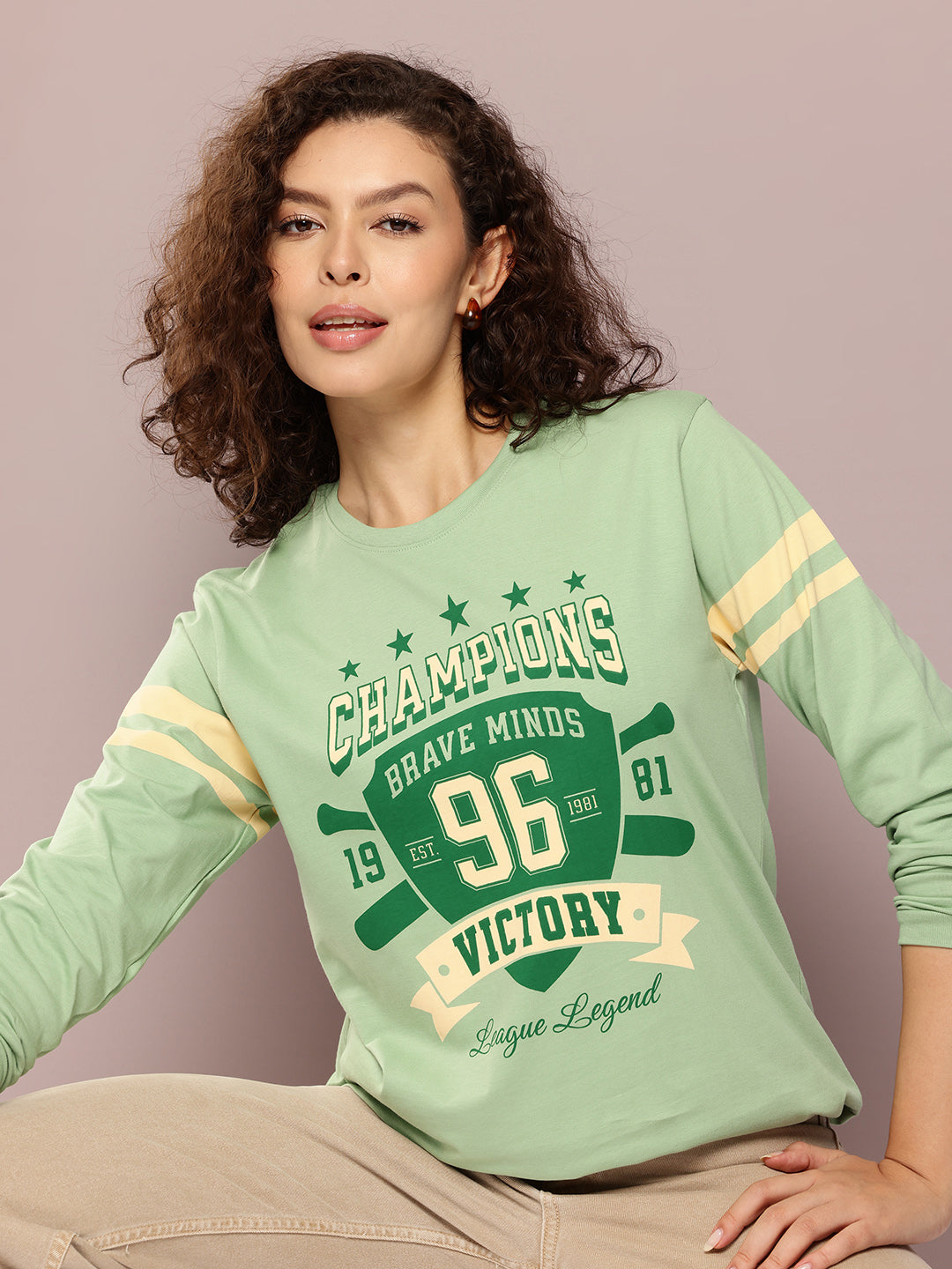 Womens Full Sleeve Round Neck Printed Oversized Fit Tshirts