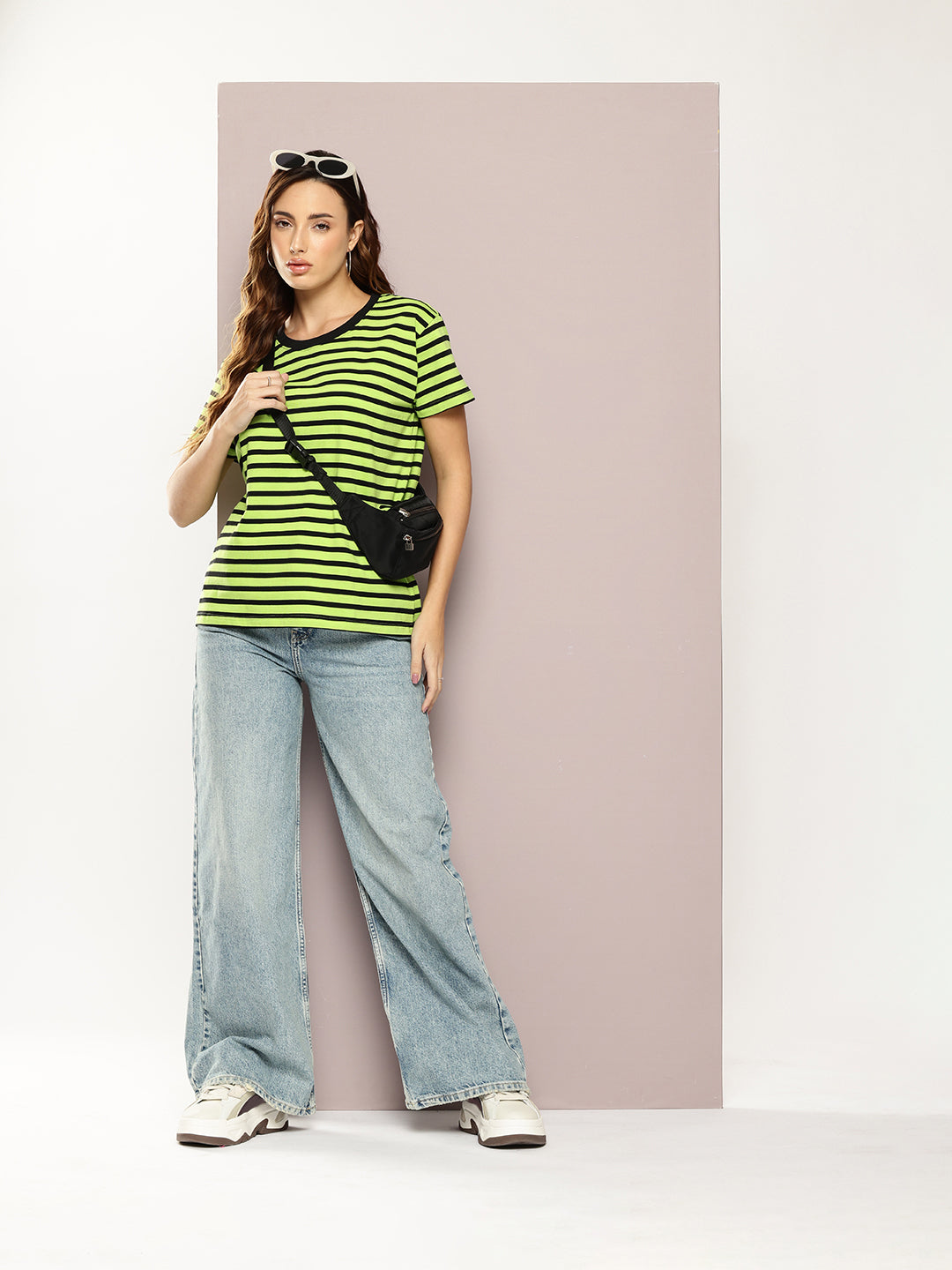 Womens Half Sleeve Round Neck All-Over Striped Boxy Fit Tshirts
