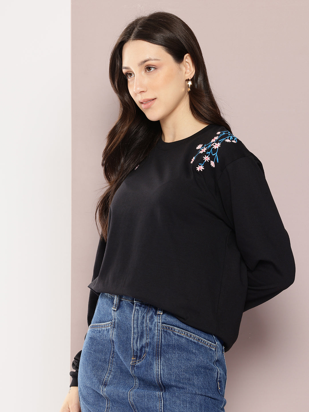 Womens Full Sleeve Round Neck Embroidered Oversized Fit Tshirts