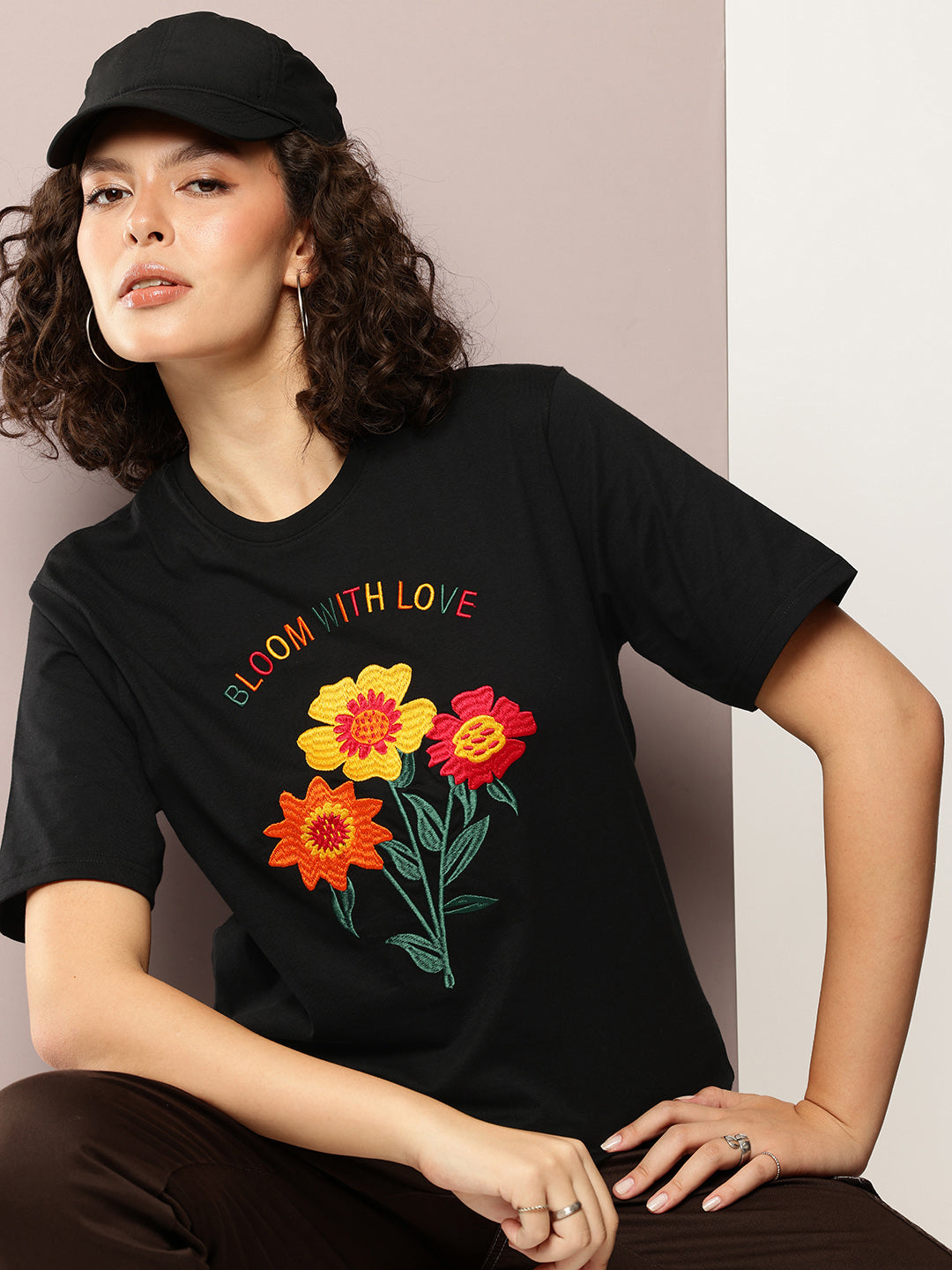 Womens Half Sleeve Round Neck Embroidery Oversized Fit Tshirts