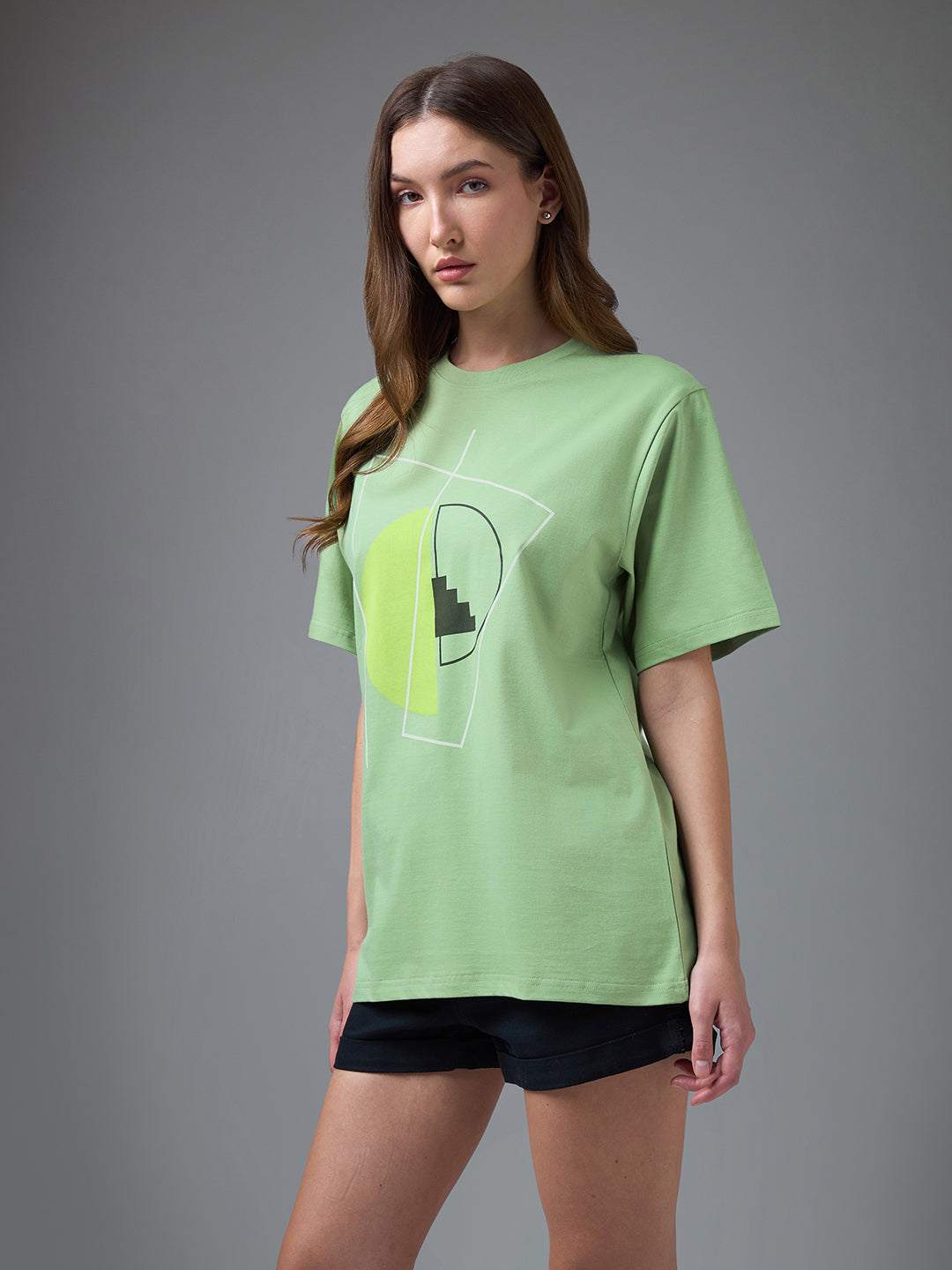 Womens Printed Round Neck Oversized Fit Tshirt