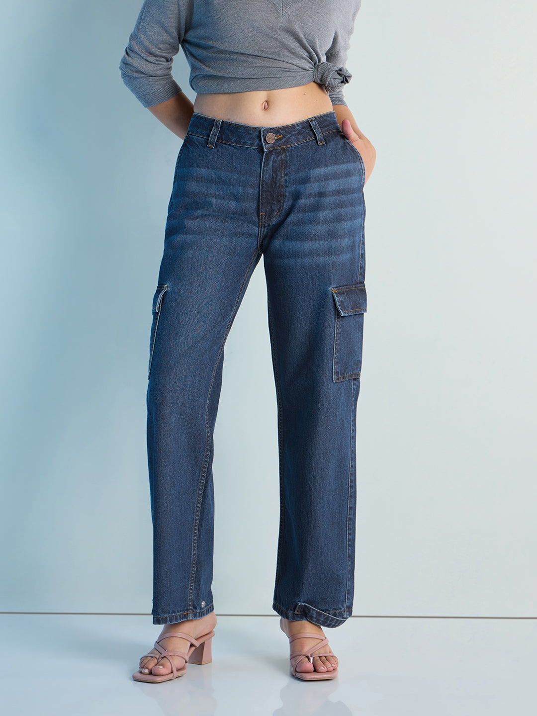 Womens Straight Fit Cargo Denim Jeans Pant