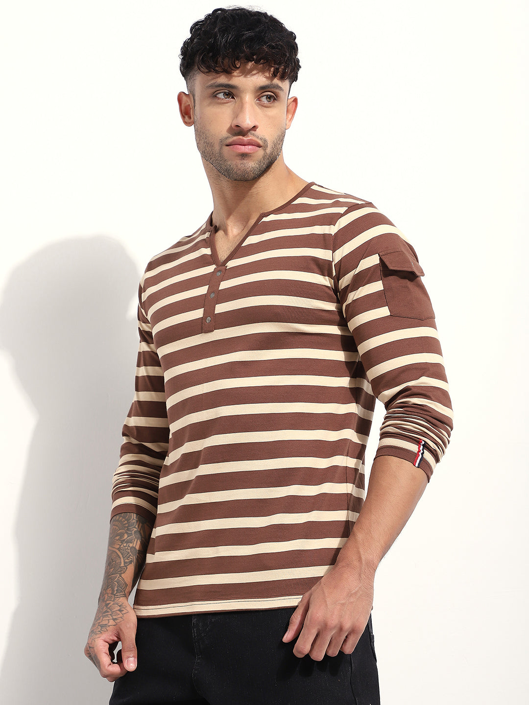 Mens Full Sleeve Henley Neck Striped Regular Fit Tshirts
