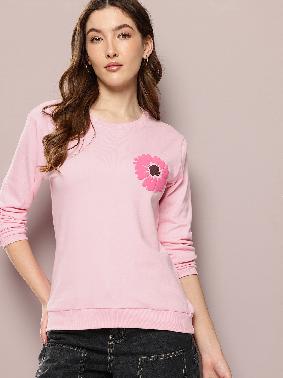 Womens Full Sleeve Round Neck Embellished Relaxed Fit Tshirts