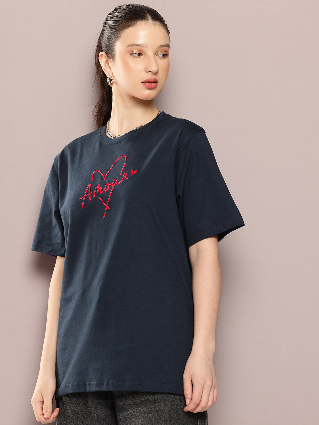Womens Half Sleeve Round Neck Embroidery Oversized Fit Tshirts