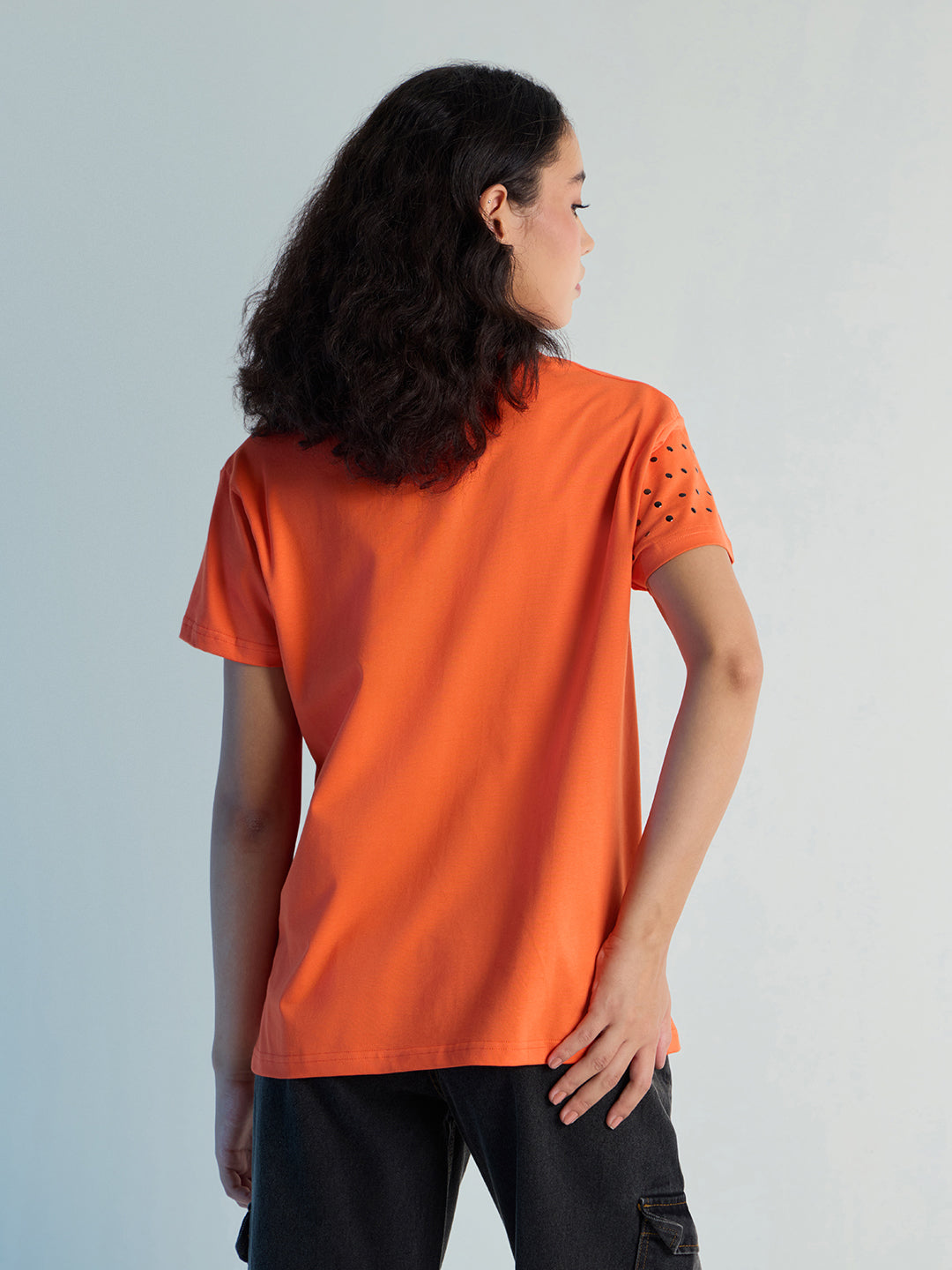 Womens Stud Detailed Boxy Regular Round Neck Tshirt 