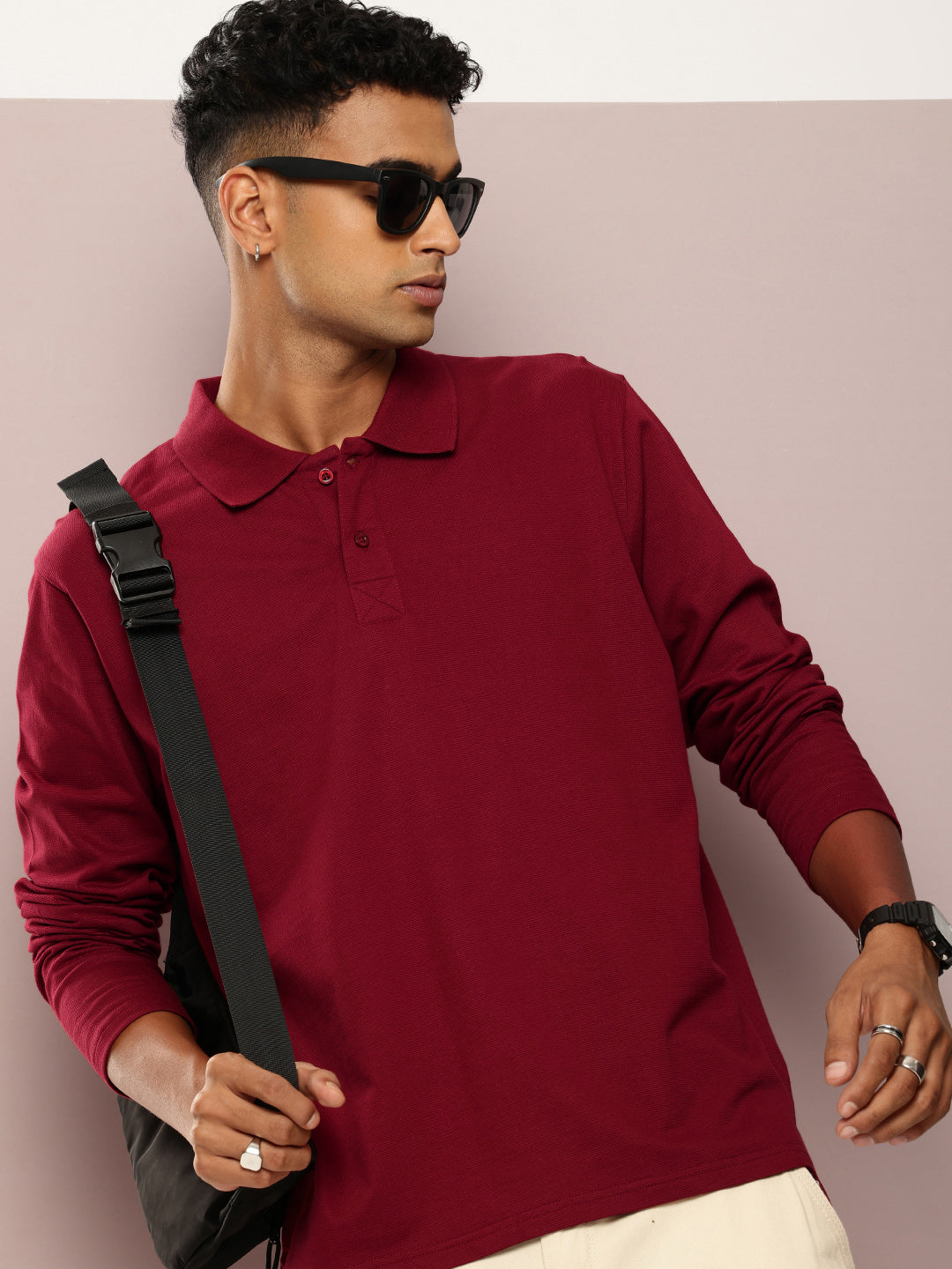 Mens Full Sleeve Polo Neck Solid Oversized Fit Tshirts
