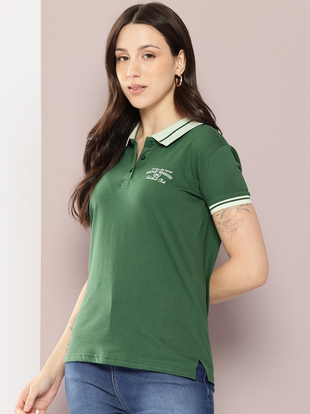 Womens Half Sleeve Polo Neck Embroidered Regular Fit Tshirts
