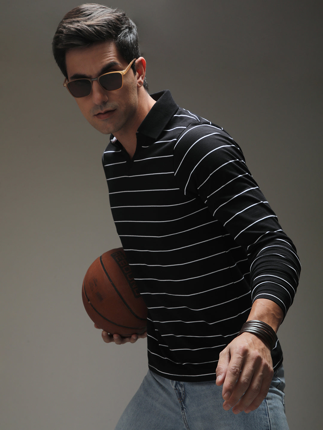 Mens Full Sleeve Polo Neck Striped Regular Fit Tshirts