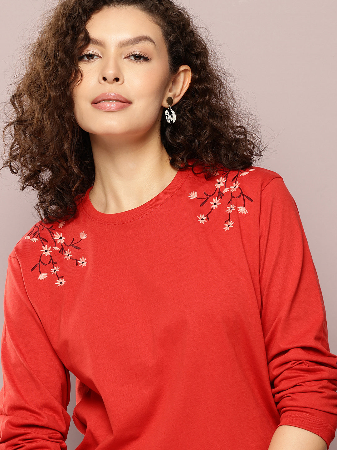 Womens Full Sleeve Round Neck Embroidered Oversized Fit Tshirts