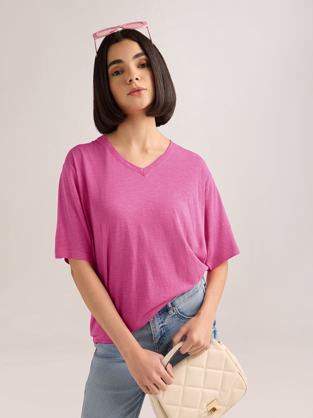Womens Solid Oversized Cotton Modal V-Neck Tshirt