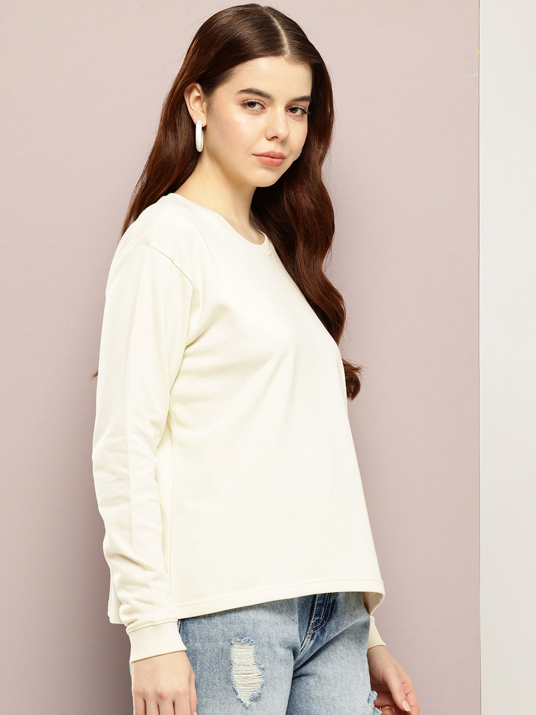 Womens Full Sleeve Round Neck Solid Boxy Fit Tshirts
