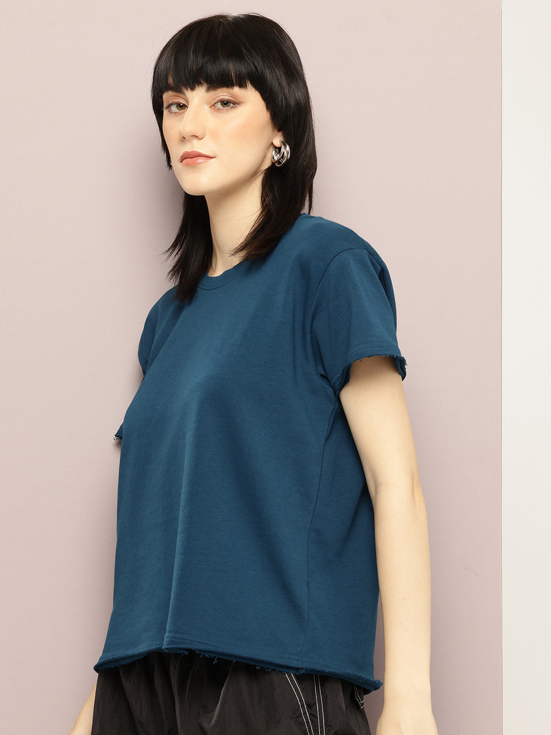 Womens Half Sleeve Round Neck Solid Boxy Fit Tshirts
