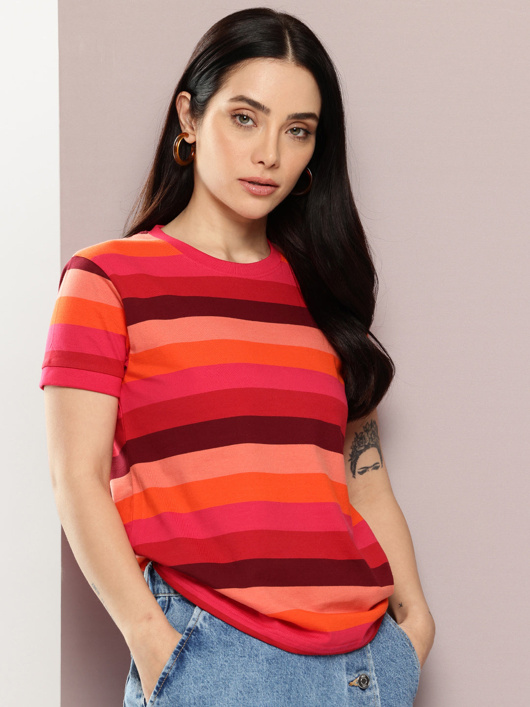Womens Half Sleeve Round Neck All-Over Striped Regular Fit Tshirts