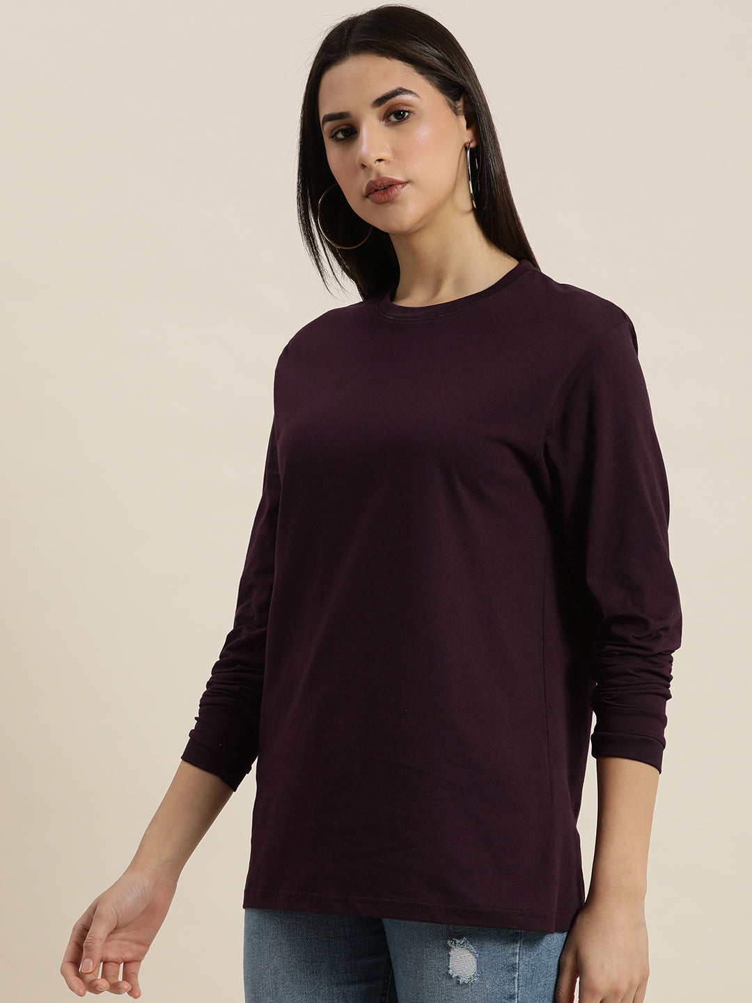 Womens Full Sleeve Round Neck Oversized Fit T-Shirts