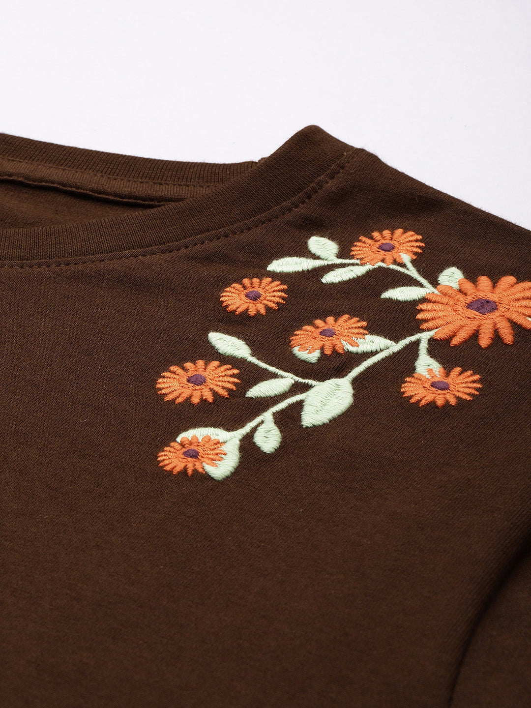 Womens Full Sleeve Round Neck Embroidered Oversized Fit Tshirts