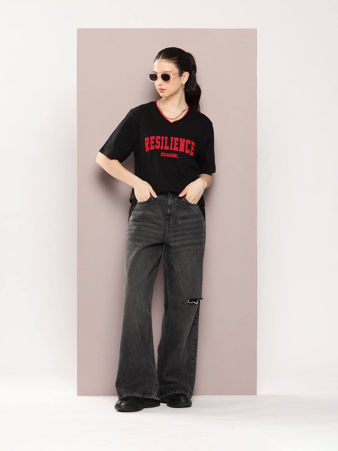 Womens Half Sleeve V-Neck Printed Oversized Fit Tshirts