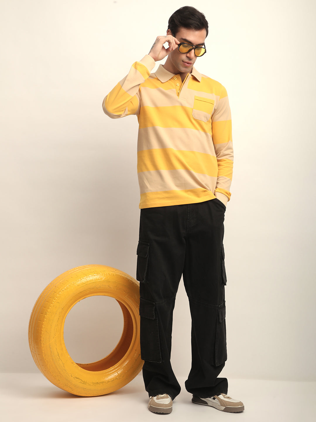 Mens Full Sleeve Polo Neck All-Over Striped Regular Fit Tshirts
