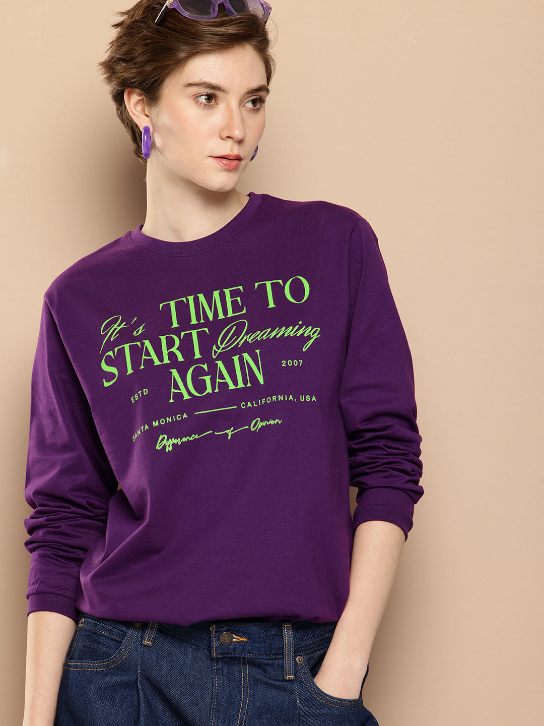 Womens Full Sleeve Round Neck Printed Oversized Fit Tshirts