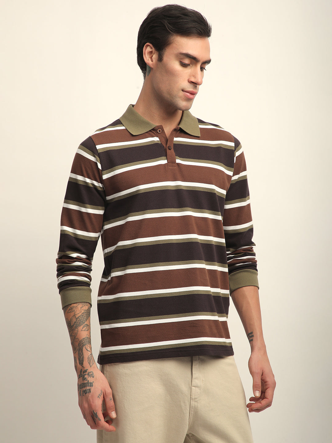 Mens Full Sleeve Polo Neck All-Over Striped Regular Fit Tshirts