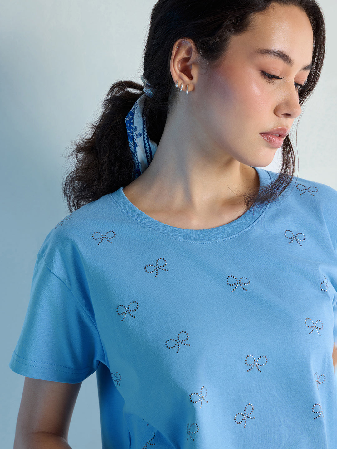 Womens Stud Detailed Boxy Regular Round Neck Tshirt 
