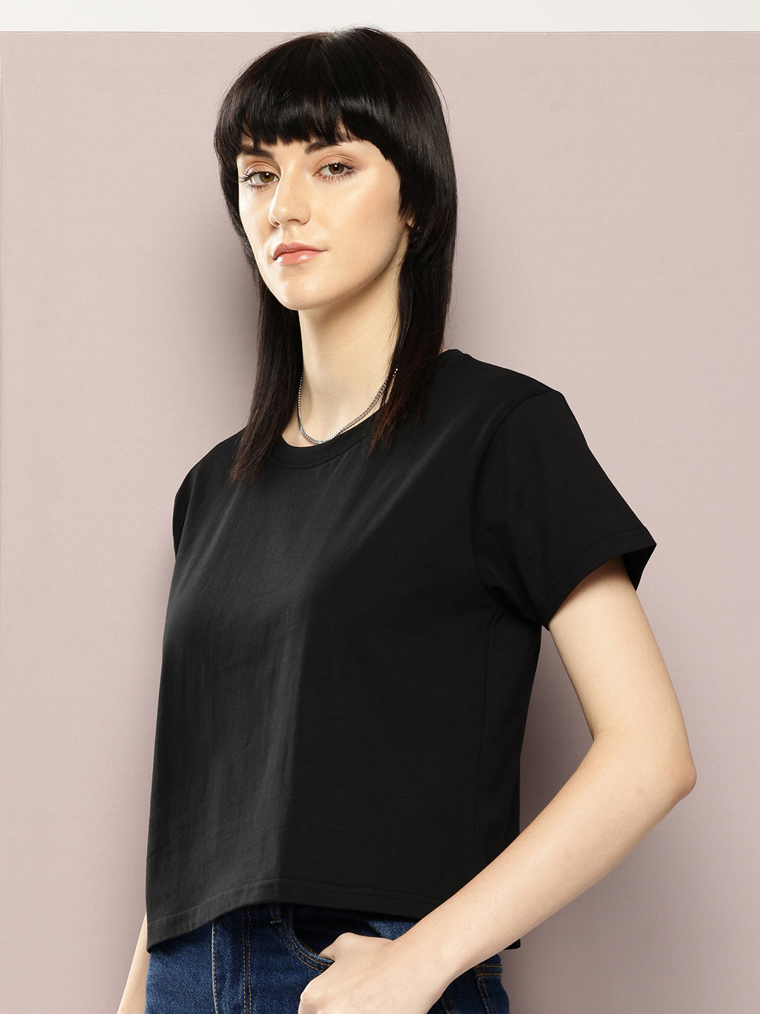 Womens Half Sleeve Round Neck Solid Boxy Fit Tshirts