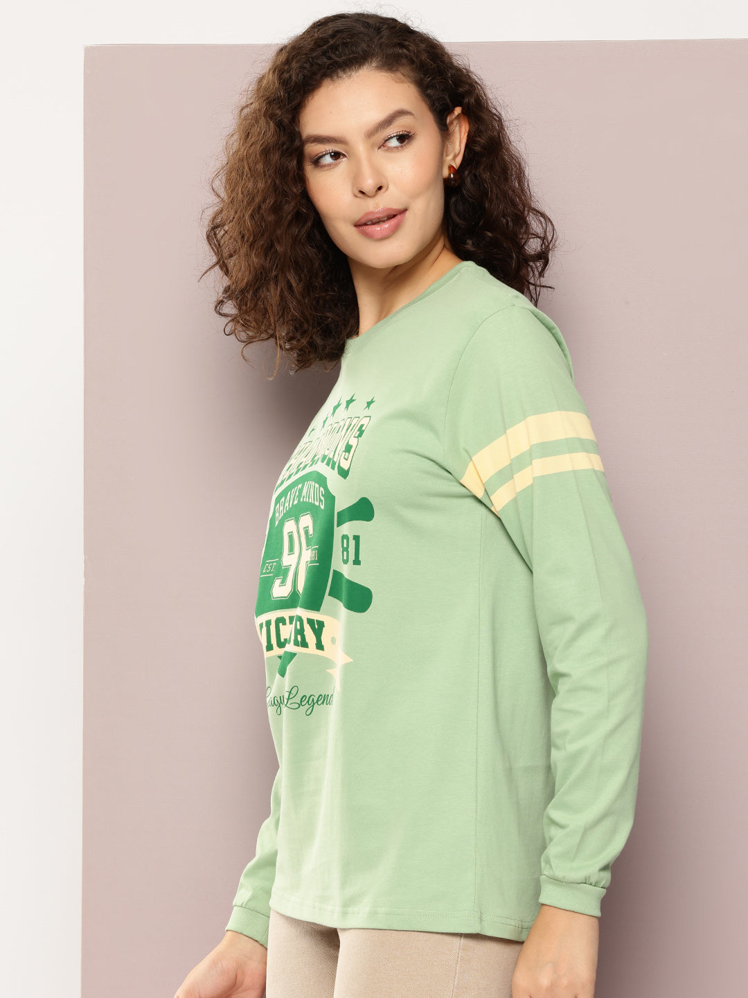 Womens Full Sleeve Round Neck Printed Oversized Fit Tshirts