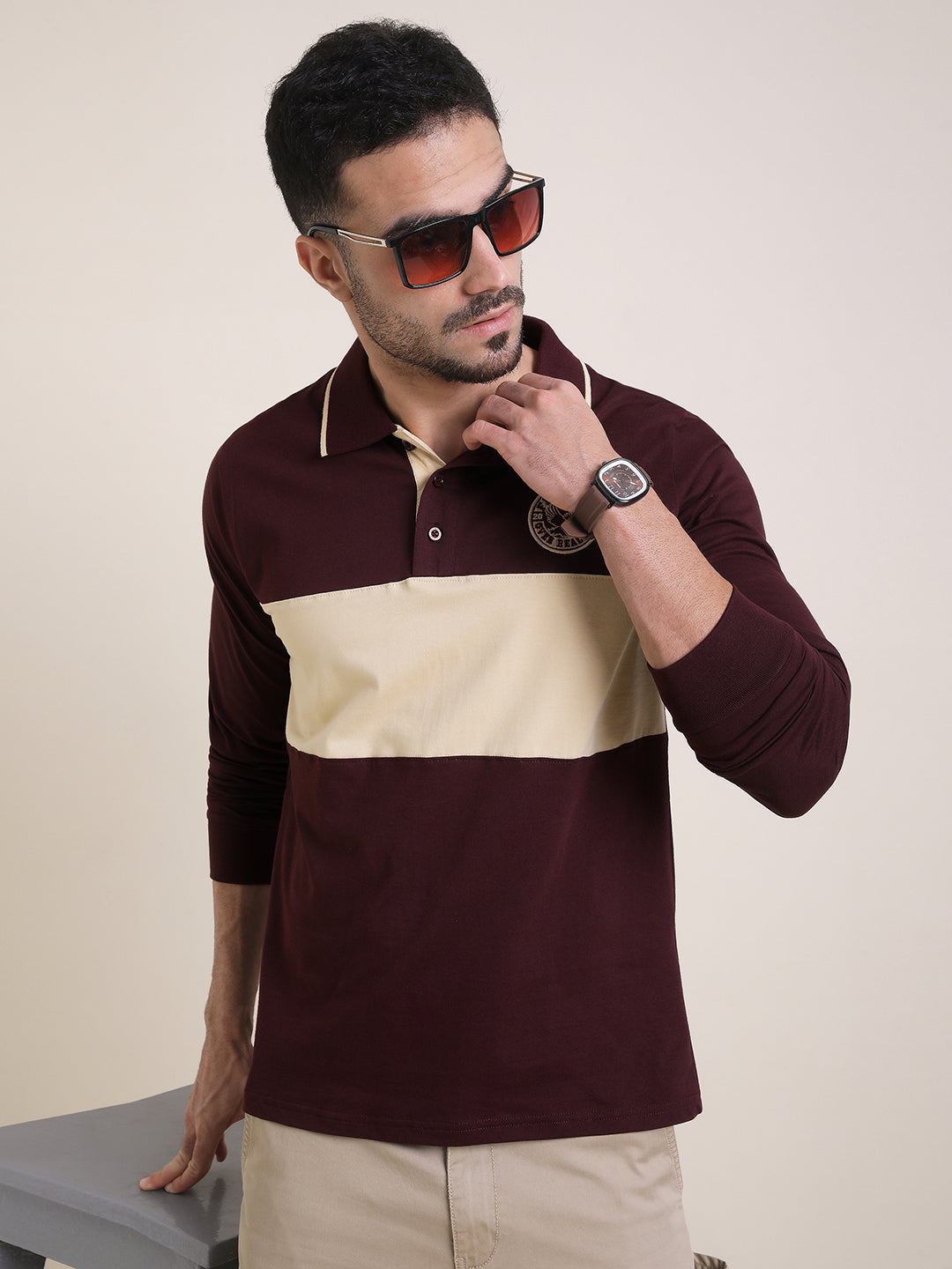 Mens Full Sleeve Polo Neck Embroidered Regular Fit Tshirts