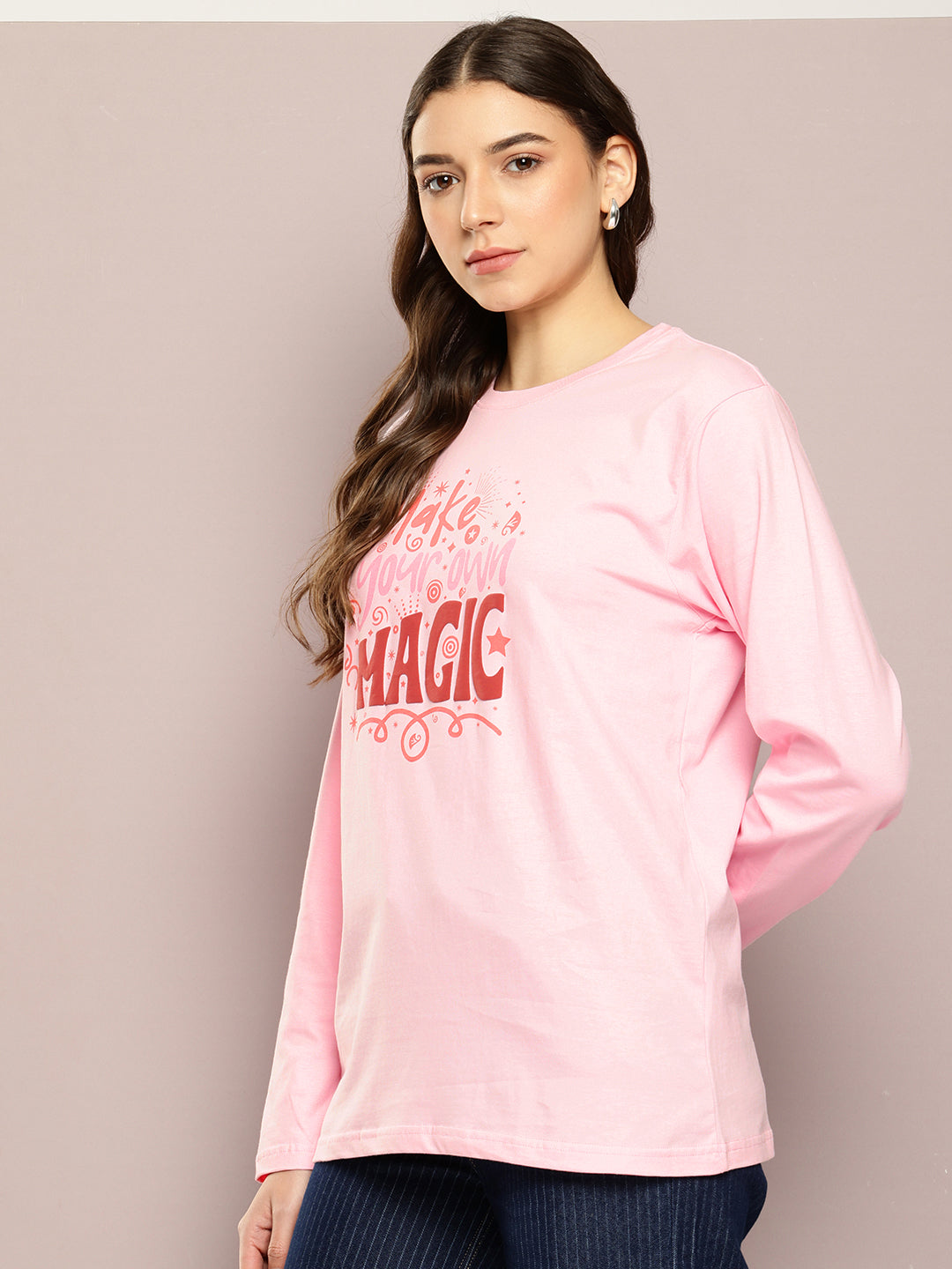 Womens Full Sleeve Round Neck Printed Oversized Fit Tshirts