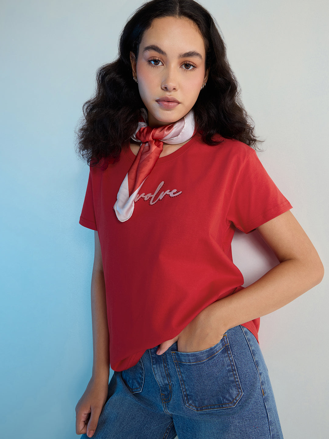Womens Stud Detailed Boxy Regular Round Neck Tshirt 