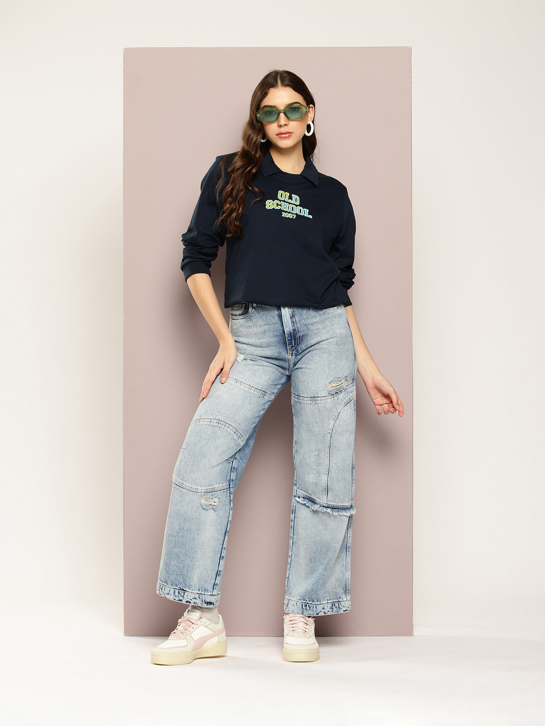 Womens Full Sleeve Polo Neck Printed Oversized Fit Tshirts