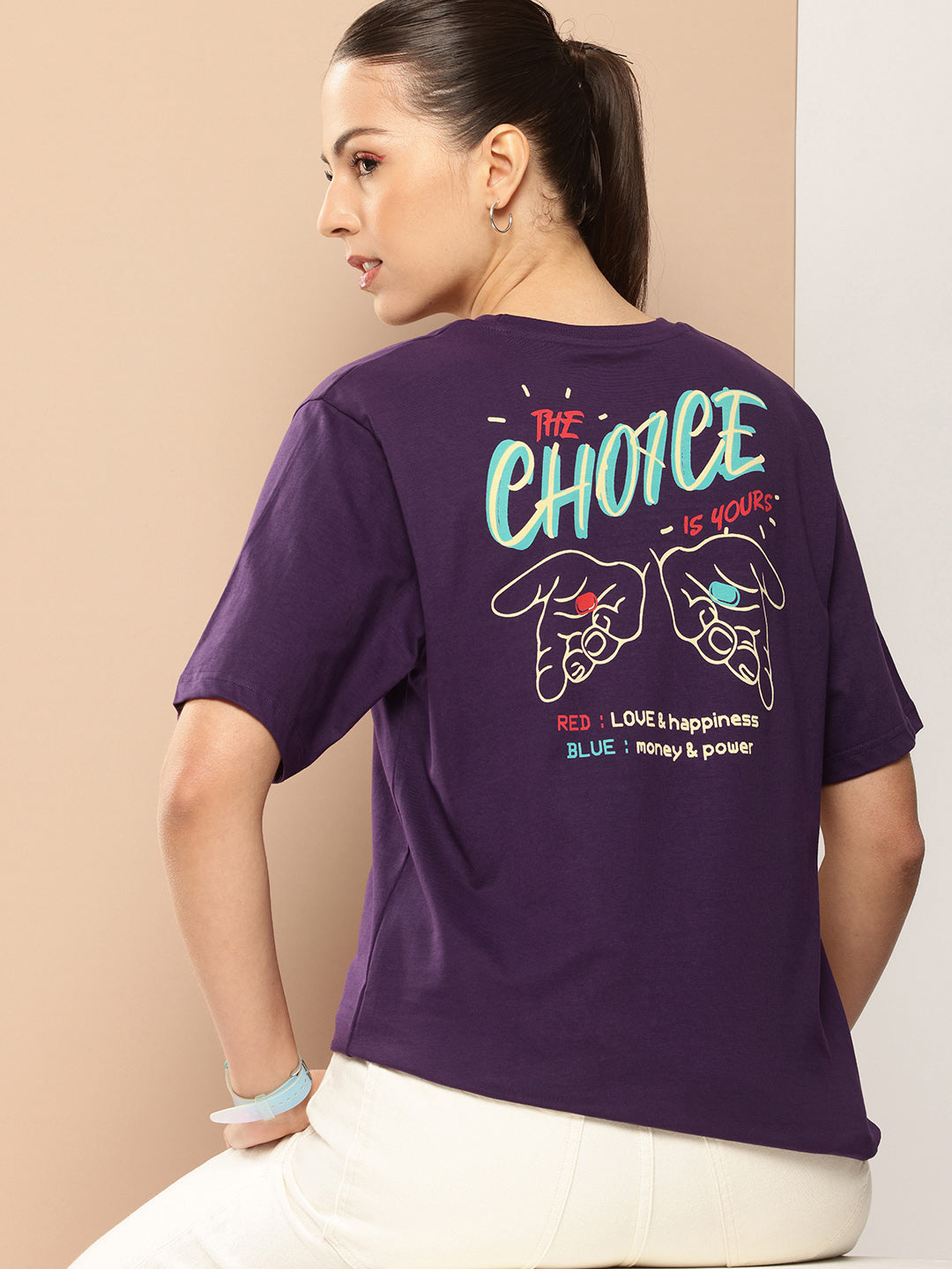 Womens Half Sleeve Round Neck Back Printed Oversized Fit Tshirts