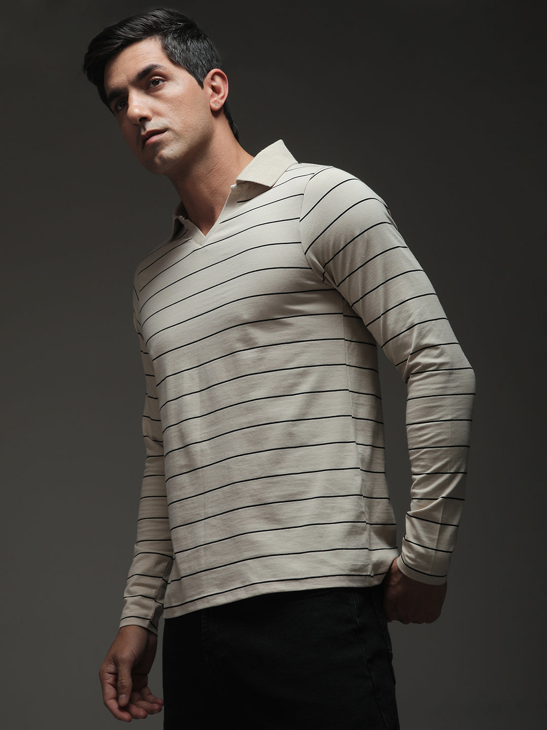 Mens Full Sleeve Polo Neck Striped Regular Fit Tshirts