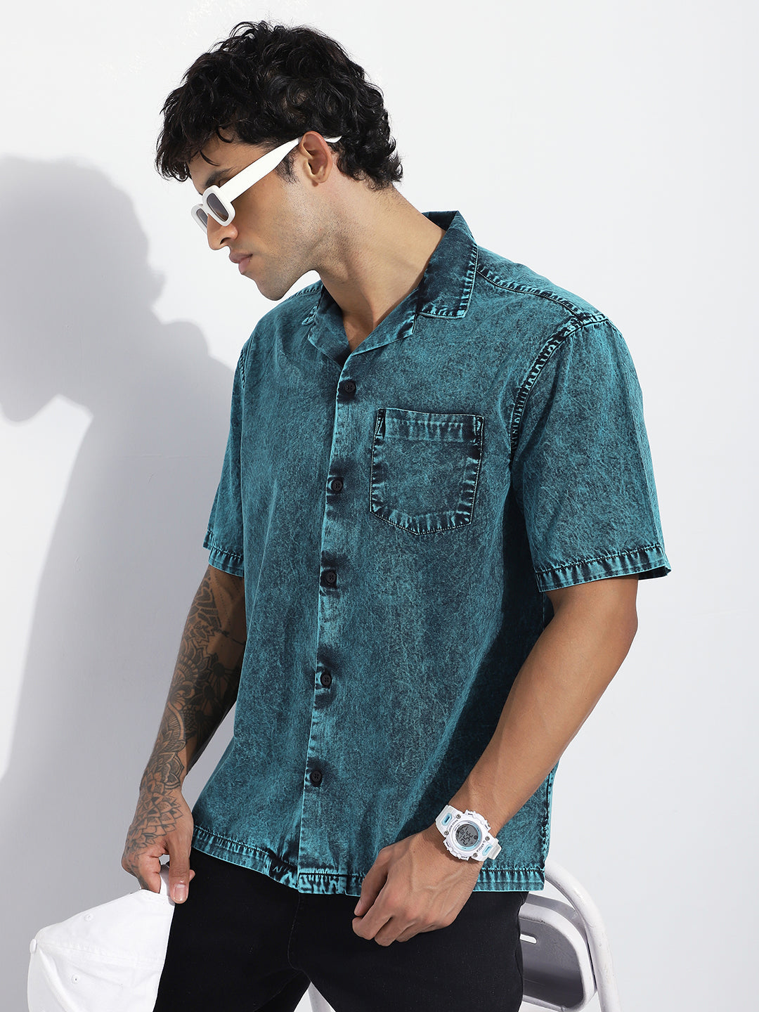 Men Boxy Regular Acid Washed Solid & Pocket Shirt