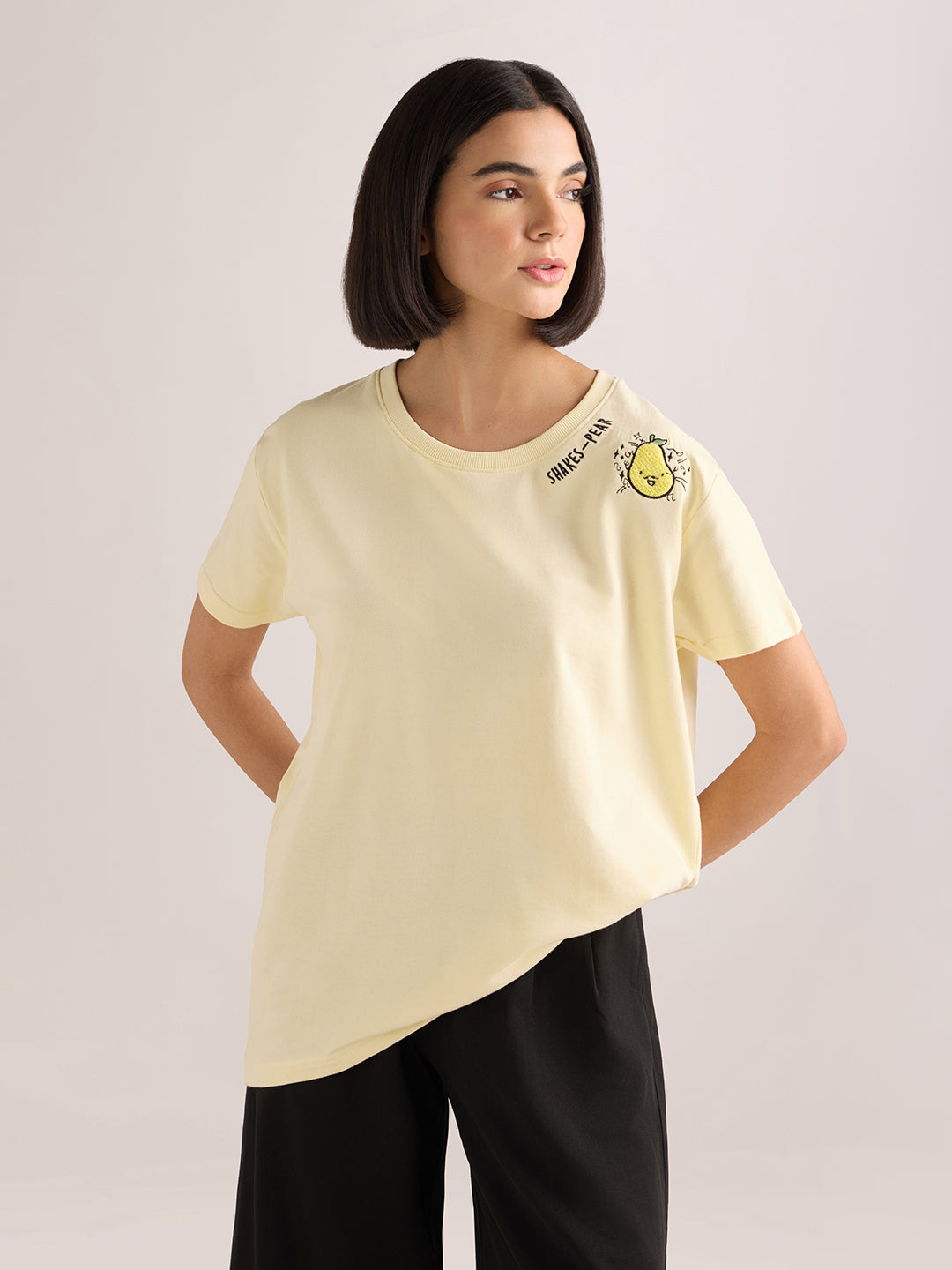 Womens Embroidery Boxy Regular Fit French Terry Cotton Tshirt