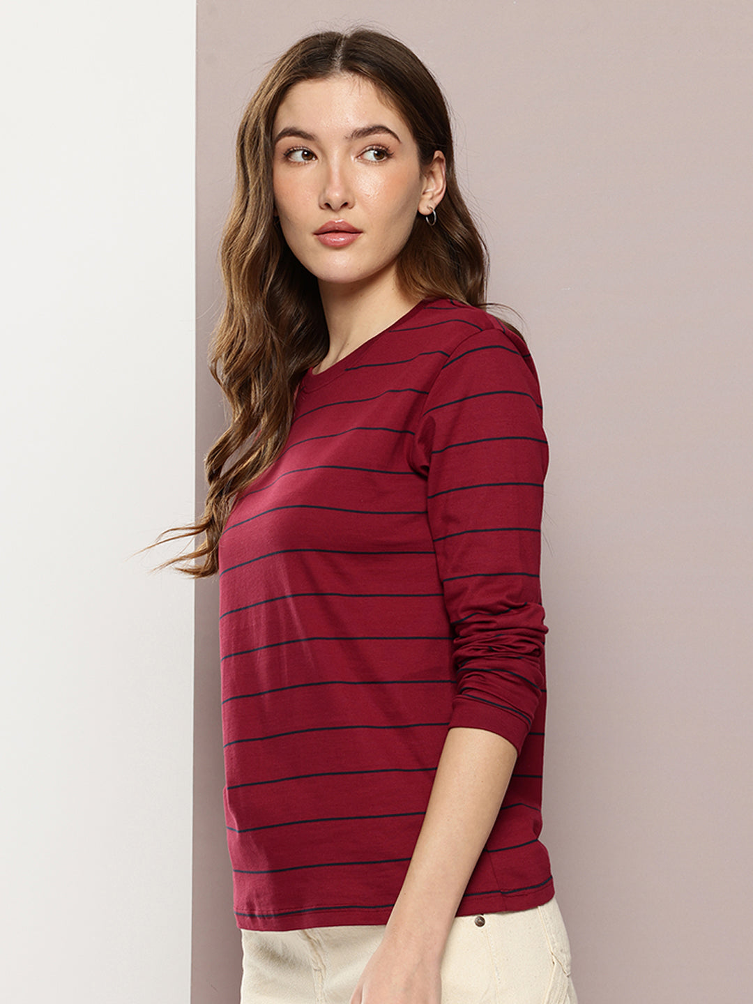 Womens Full Sleeve Round Neck Striped Regular Fit Tshirts