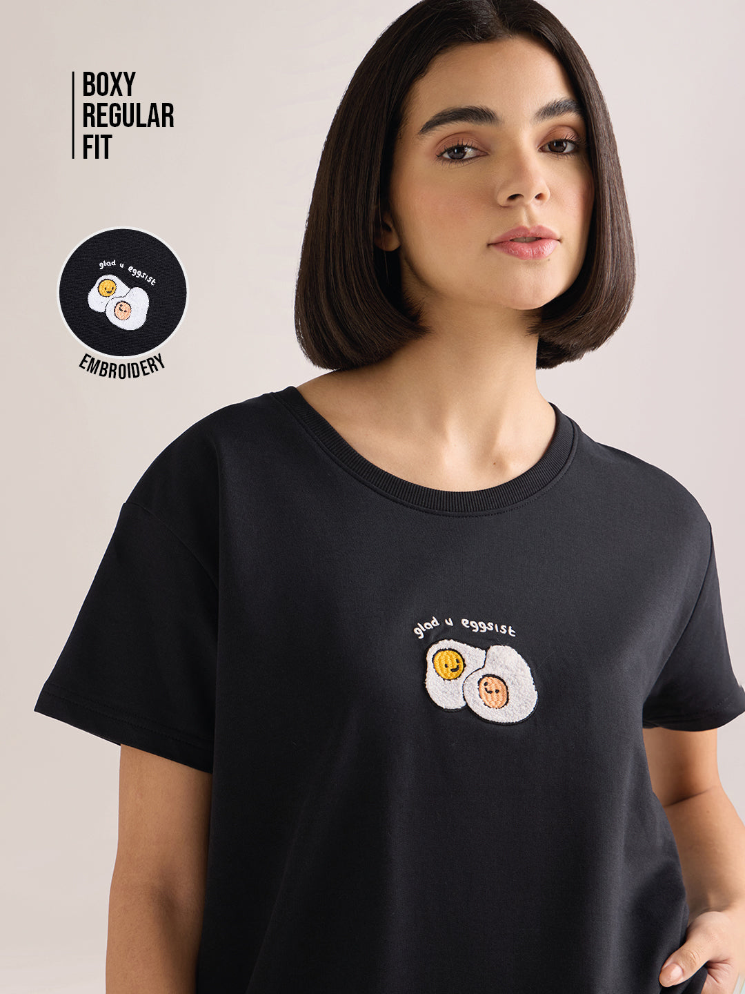 Womens Embroidery Boxy Regular Fit French Terry Cotton Tshirt
