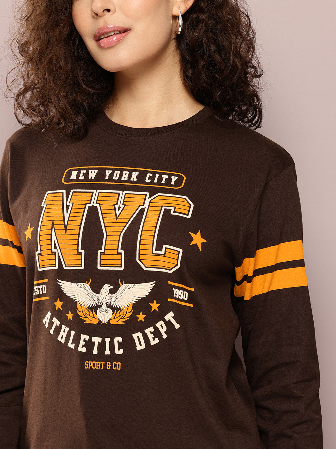Womens Full Sleeve Round Neck Printed Oversized Fit Tshirts
