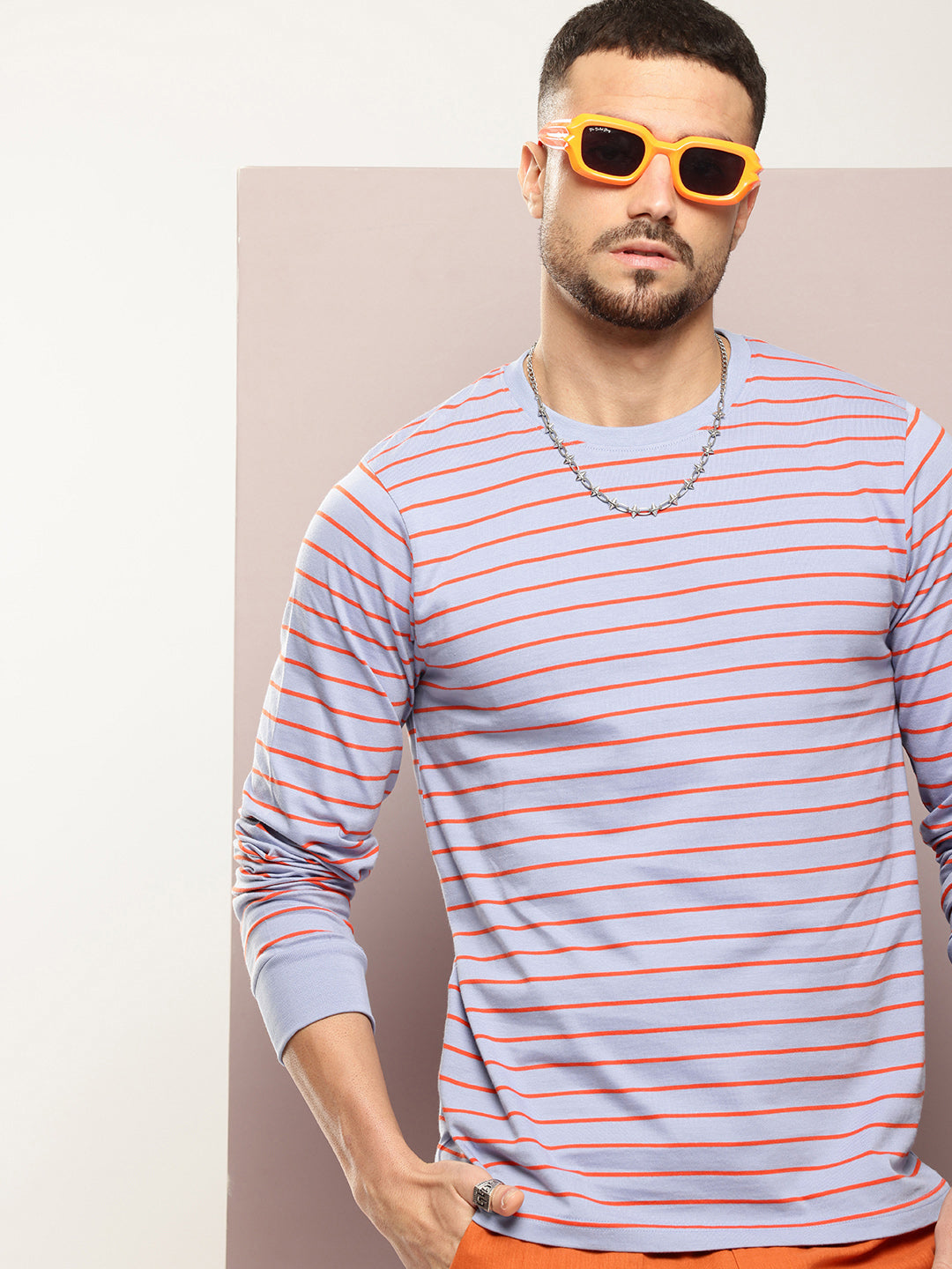 Mens Full Sleeve Round Neck Striped Regular Fit Tshirts